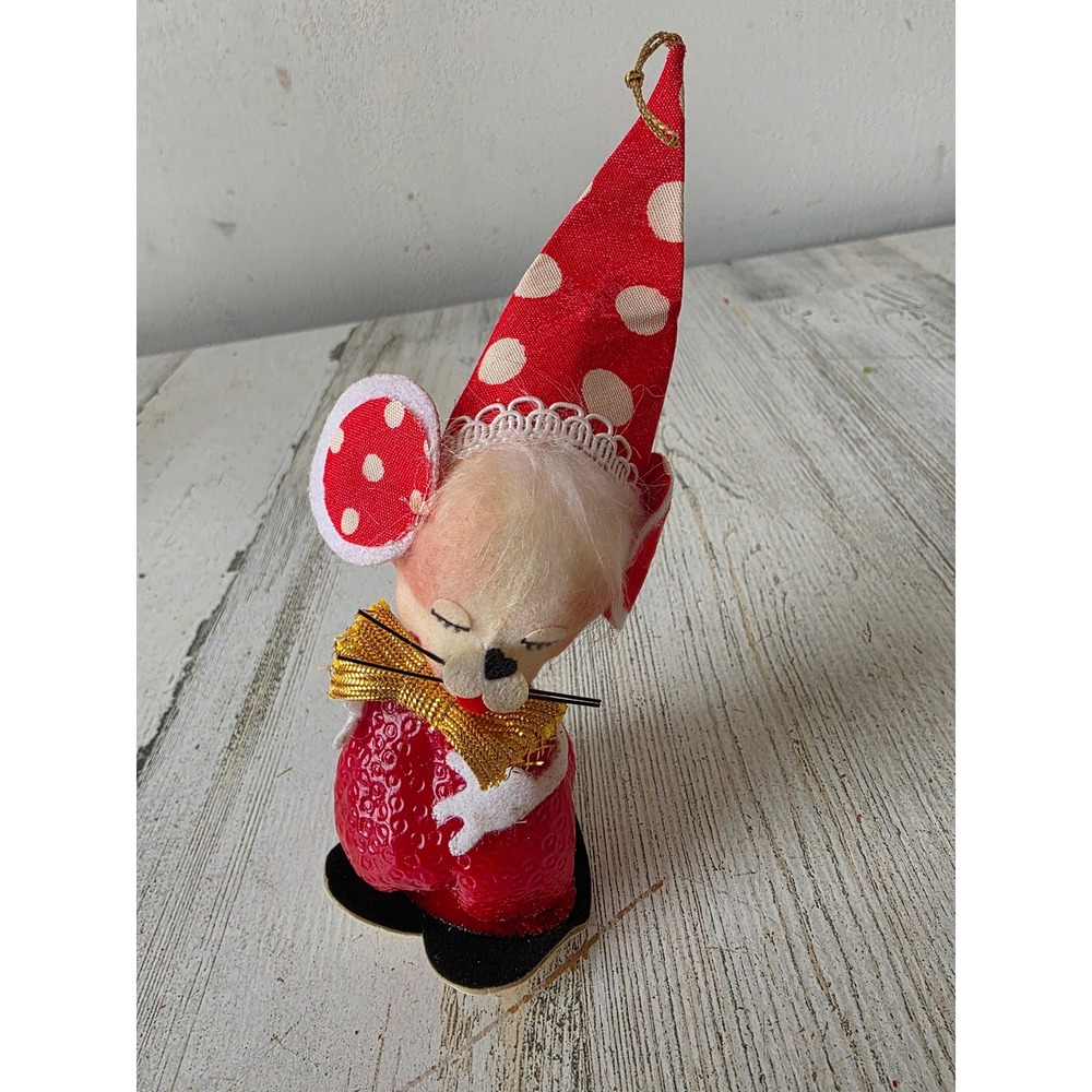 Vintage strawberry mouse cardboard ornament Japan red polka dot Xmas tree